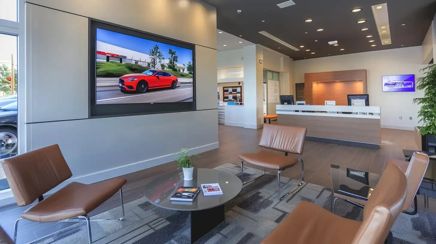 A car dealership showroom waiting area, with a large wall-mounted screen playing vehicle footage above the reception desk