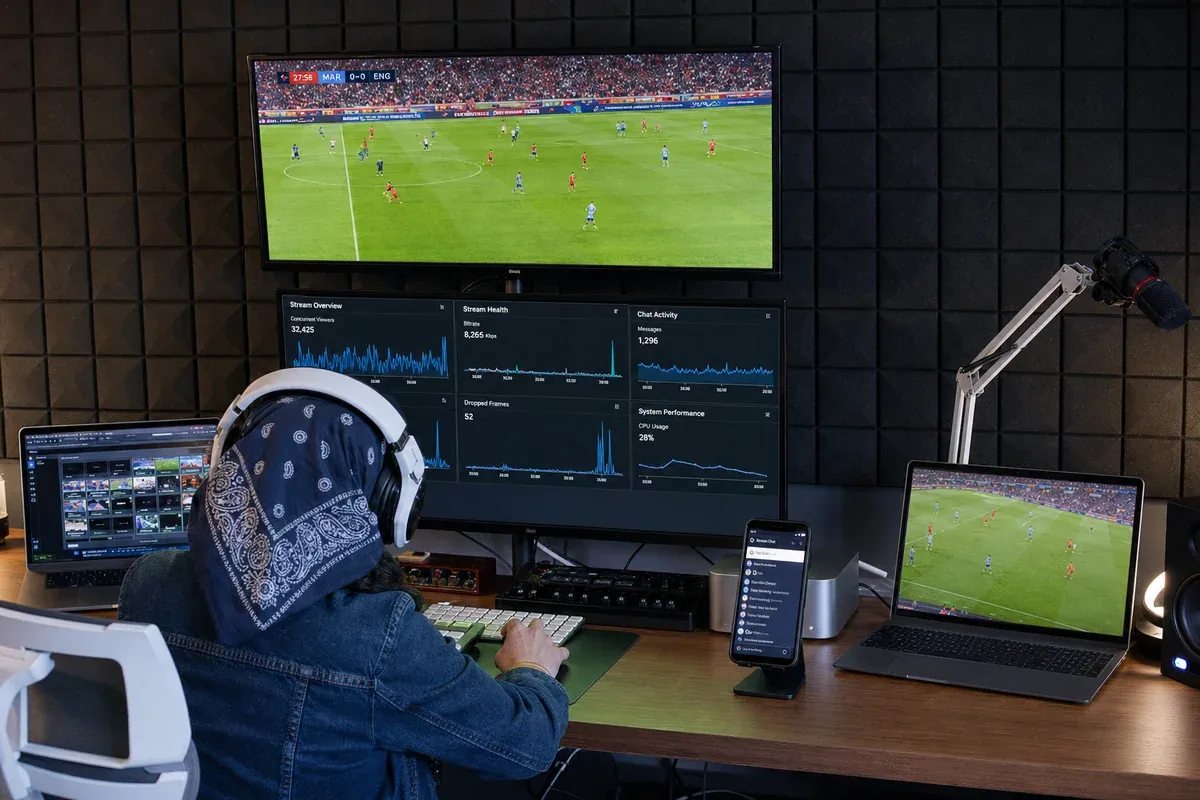 A stream operator at a monitoring desk, wearing headphones, with a live football match on the upper screen and stream-health dashboards below showing concurrent viewers, bitrate, dropped frames and CPU usage